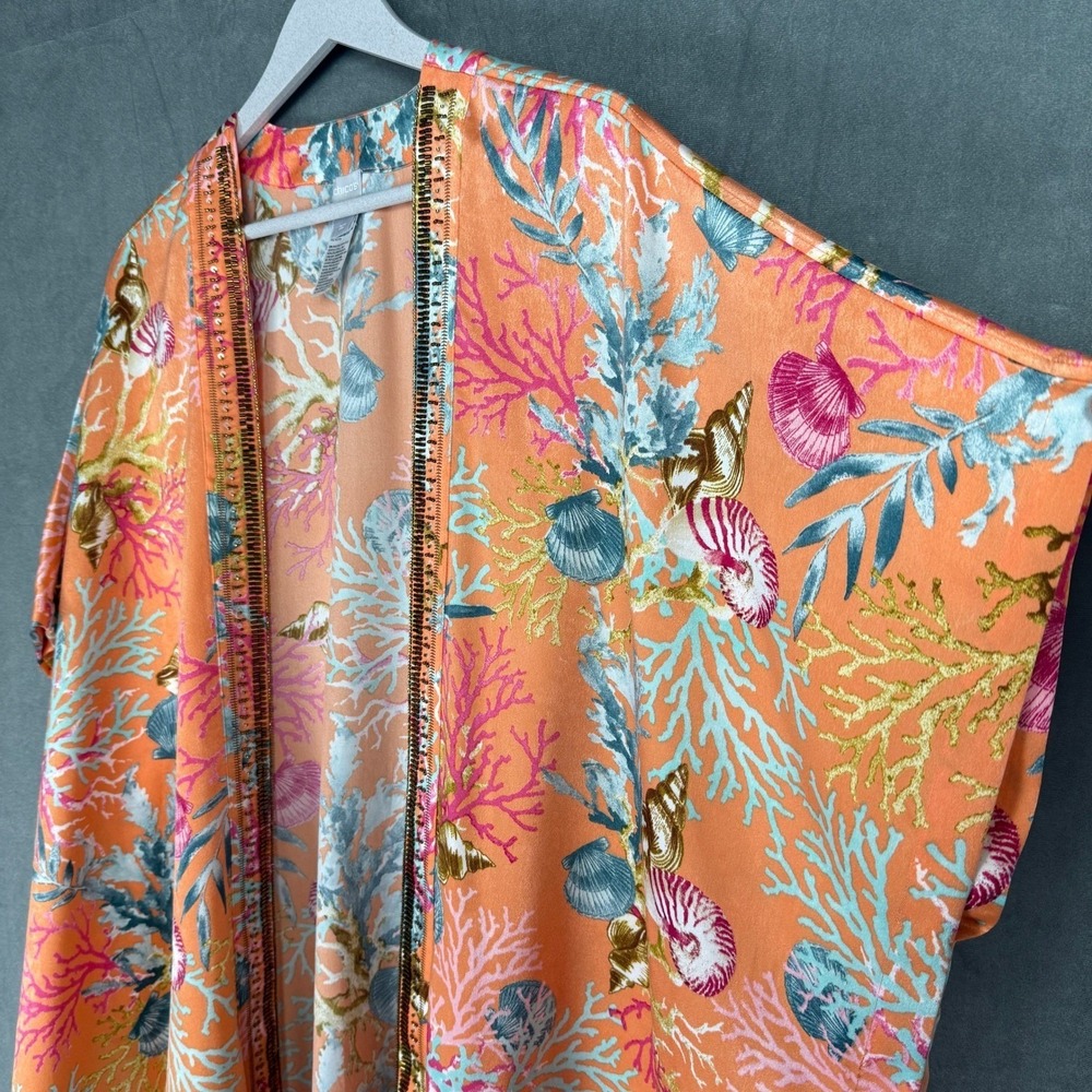 Chicos Open Kimono Slip Orange L/XL Seashell Print Beaded Bright Vacation Beach - Picture 15 of 16
